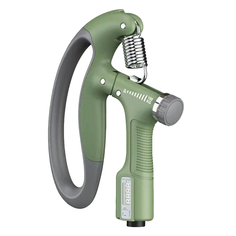 green and gray hand grip trainer on a light green background